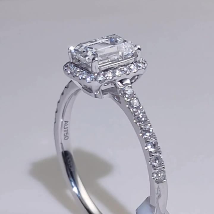 18K Gold Emerald Cut Halo Diamond Ring