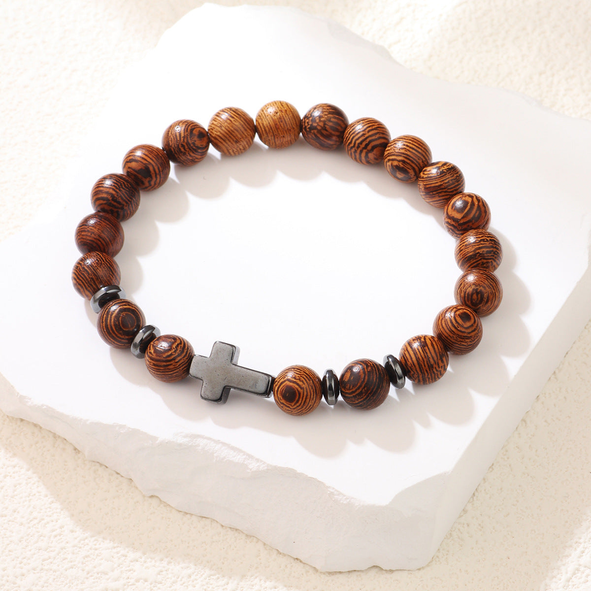 ✝️ Woodgrain Obsidian Cross Bead Bracelet