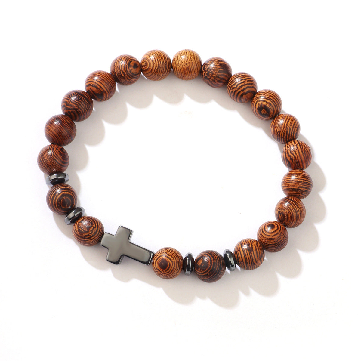 ✝️ Woodgrain Obsidian Cross Bead Bracelet