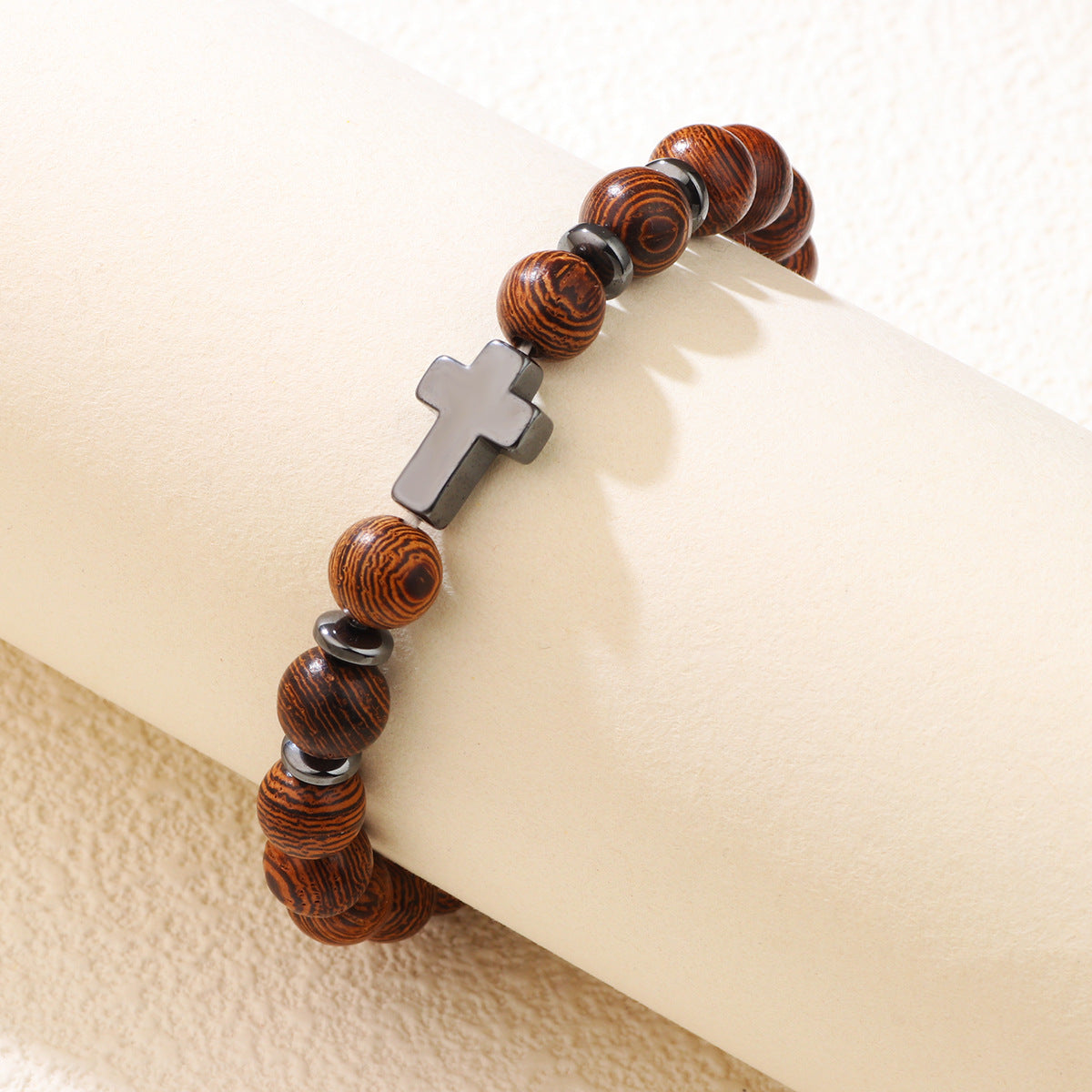 ✝️ Woodgrain Obsidian Cross Bead Bracelet