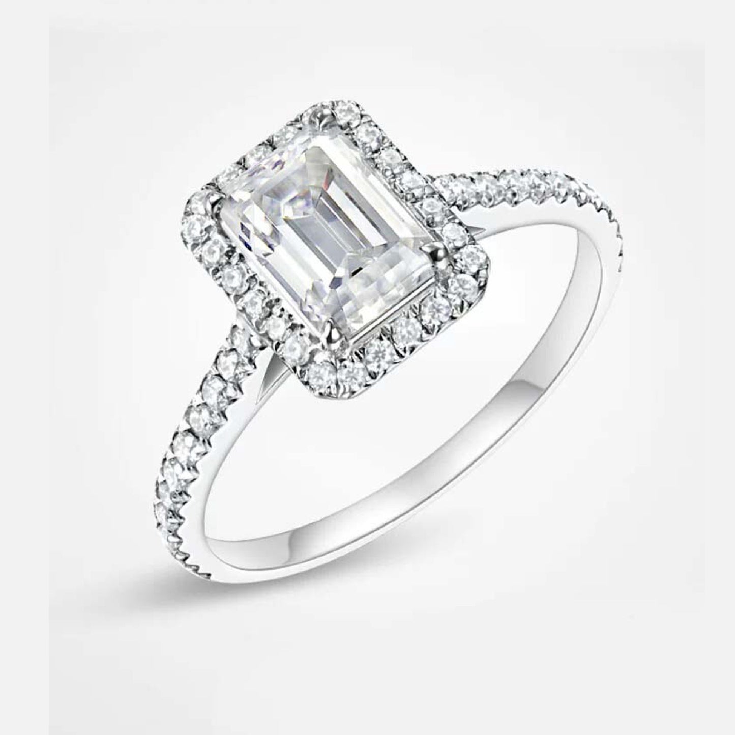 18K Gold Emerald Cut Halo Diamond Ring