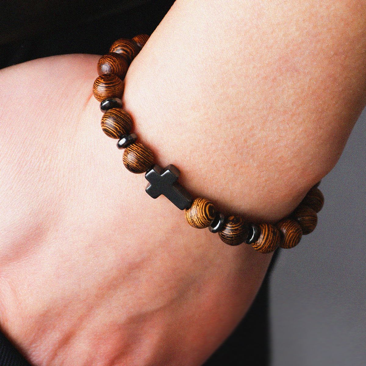 ✝️ Woodgrain Obsidian Cross Bead Bracelet