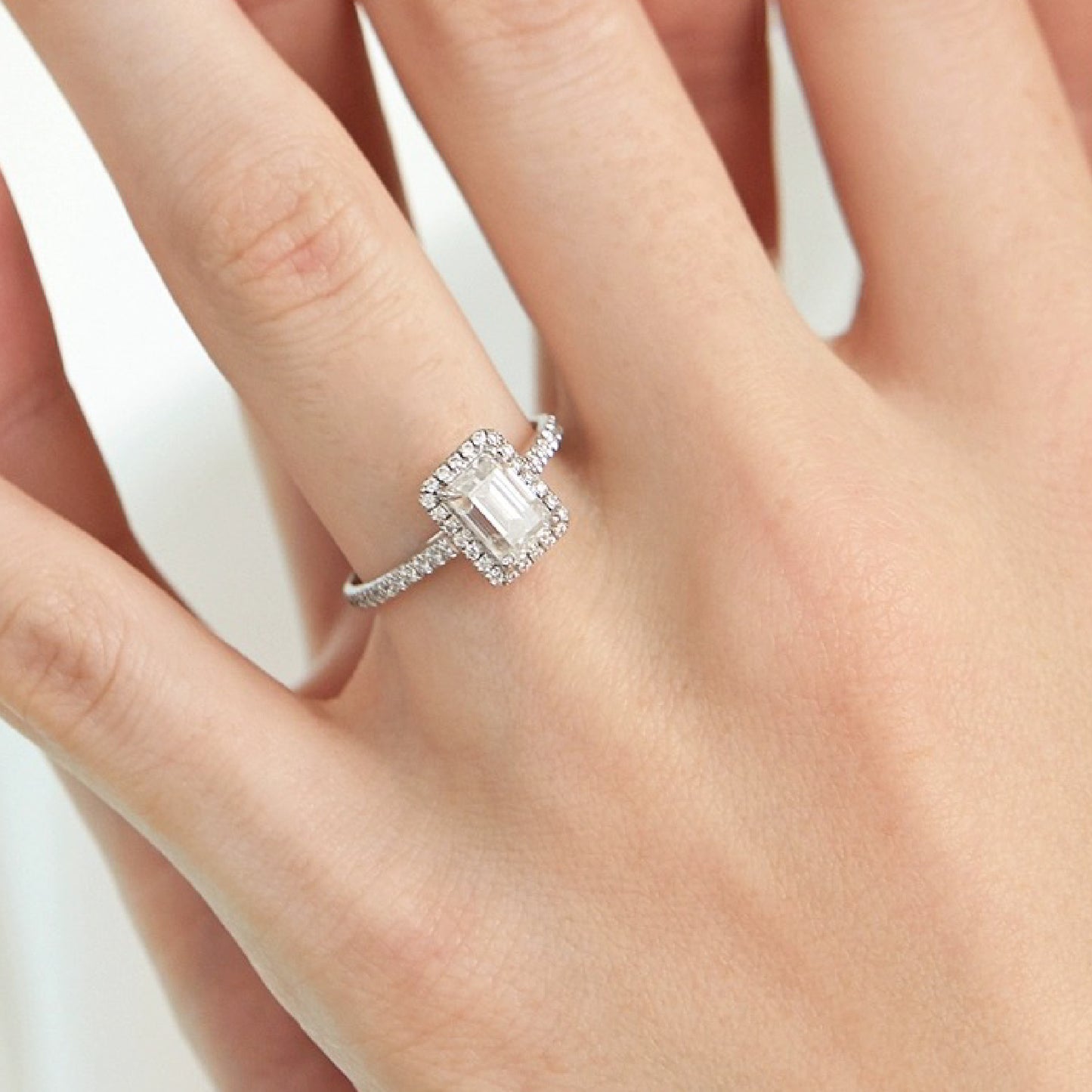 18K Gold Emerald Cut Halo Diamond Ring