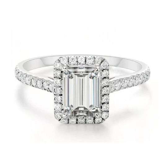 18K Gold Emerald Cut Halo Diamond Ring